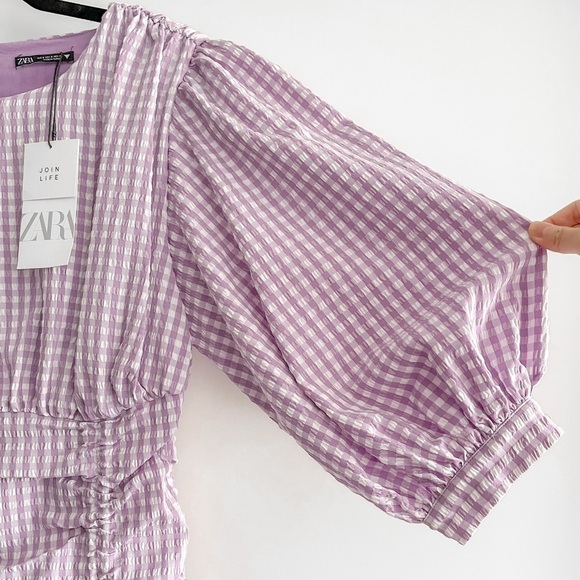 ZARA Blogger Lilac Gingham Ruched Mini Dress - Picture 4 of 16
